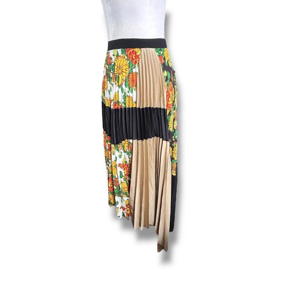 Lucille Asymmetric Pleated Skirt Marigold Floral Print Colorblock Maximalist